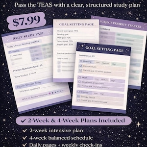 May include: A study planner with a dark blue background and white text. The planner includes 2-week and 4-week plans, daily pages, and checklists. The text includes "TEAS 2-Week & 4-Week Study Planner" and "Pass the TEAS with a clear, structured study plan."