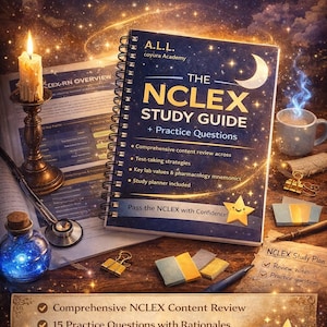 NCLEX-studiegids pdf | Volledige NCLEX-RN-voorbereidingsbundel met oefenvragen, beweegredenen, laboratoriumwaarden en studieplanner