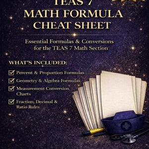 Könnte beinhalten: Ein dunkelblaues und goldenes Lehrplakat mit dem Titel "TEAS 7 Math Formula Cheat Sheet" mit einem Stapel Papier, einem Stift und einer medizinischen Kappe. Das Plakat enthält Formeln und Umrechnungen für den TEAS 7-Mathematikteil.