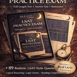 May include: An image of an LSAT practice exam, featuring a tablet displaying the title and a stack of books. The text includes "Full-Length Test + Answer Key + Rationales" and "89 Realistic LSAT-Style Questions". A pocket watch and pen are also visible.