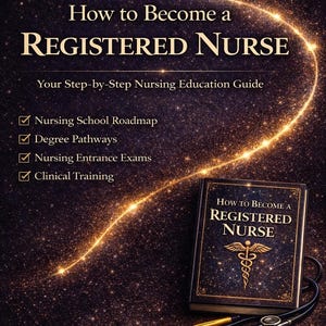 May include: A book titled "How to Become a Registered Nurse" with a gold caduceus symbol, a stethoscope, and a pen on a dark background. The image also includes text about nursing education and a nursing school roadmap.