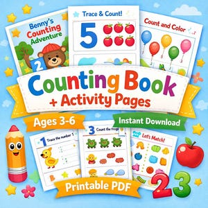 Livro educativo de contagem para crianças | eBook de contagem em PDF para imprimir e páginas de atividades | Aprendizagem de números na pré-escola