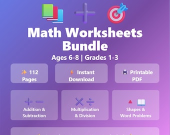 Arkusze matematyczne dla dzieci w wieku 6-8 lat | 112 stron do druku w formacie PDF + ODPOWIEDZI (ANGIELSKI)