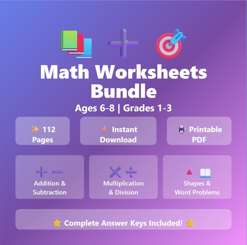 Math Worksheets for Kids Ages 68 112 Pages Printable PDF + ANSWERS