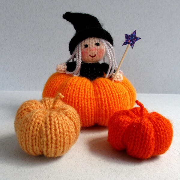 Halloween Witch and Pumpkins - knitting pattern - pincushion or table decoration - PDF Instant Download