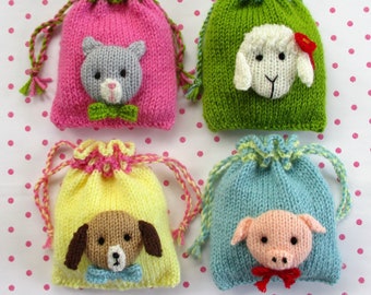 Fun Animal Bags knitting pattern - cat, dog, pig and sheep party bag - PDF Instant Download