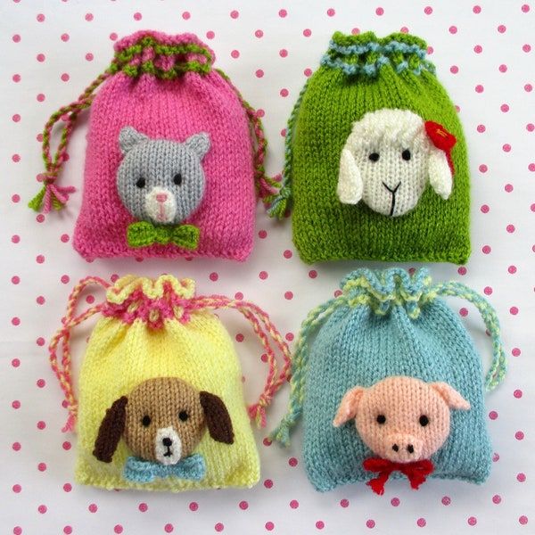 Fun Animal Bags knitting pattern - cat, dog, pig and sheep party bag - PDF Instant Download