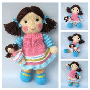 Maisie and her little doll - knitted flat on 2 needles - DK yarn - Doll knitting pattern - PDF Instant Download