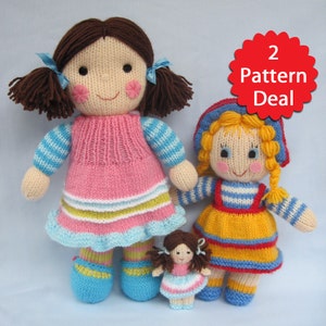 May include: Knitting pattern for three knitted dolls. The dolls are wearing colorful striped dresses and have yarn hair. The pattern is called "2 Pattern Deal".