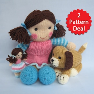May include: Knitting pattern for a doll and a puppy. The doll is wearing a pink dress and blue shoes. The puppy is brown and white. The pattern is available as a 2 pattern deal.