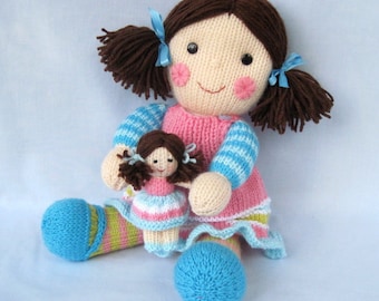 Maisie and her little doll - knitted flat on 2 needles - DK yarn - Doll knitting pattern - PDF Instant Download