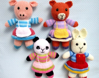 Candy Cousins (Girls) - Rabbit, cat, pig, panda - 4 toy animal knitting patterns - PDF Instant Download