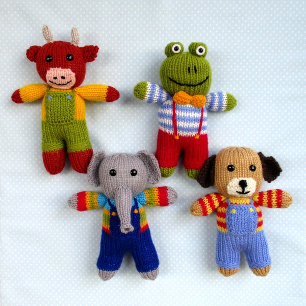 4 toy animal knitting patterns - Cow, elephant, frog, dog - Candy Cousins Boys - PDF Instant Download