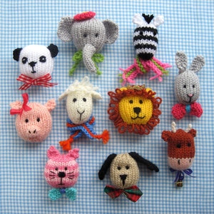 10 Fun Animal Heads knitting pattern for knitted pencil and bottle topper, egg and mug cosy, wrist band and brooch - DK yarn - PDF Download
