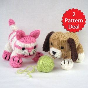 May include: Two knitted toy patterns, a pink and white striped cat and a brown and white dog, with a green yarn ball. The text "2 Pattern Deal" is in a red circle.