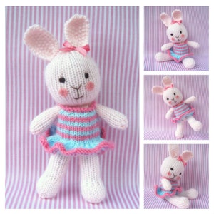 Candytuft bunny - knitted flat on 2 needles - DK yarn - toy bunny rabbit knitting pattern - PDF Instant Download