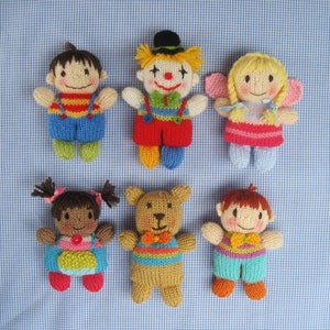 Toyshelf Tots - girls, boys, fairy, clown, teddy bear - knitted flat on 2 needles - DK yarn - toy doll knitting pattern - PDF Download