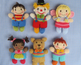 Toyshelf Tots - girls, boys, fairy, clown, teddy bear - knitted flat on 2 needles - DK yarn - toy doll knitting pattern - PDF Download