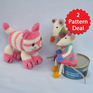 May include: Two knitting patterns for a pink and white striped cat and two mice. The mice are wearing colorful dresses and hats. The pattern deal is advertised as a 2 pattern deal.