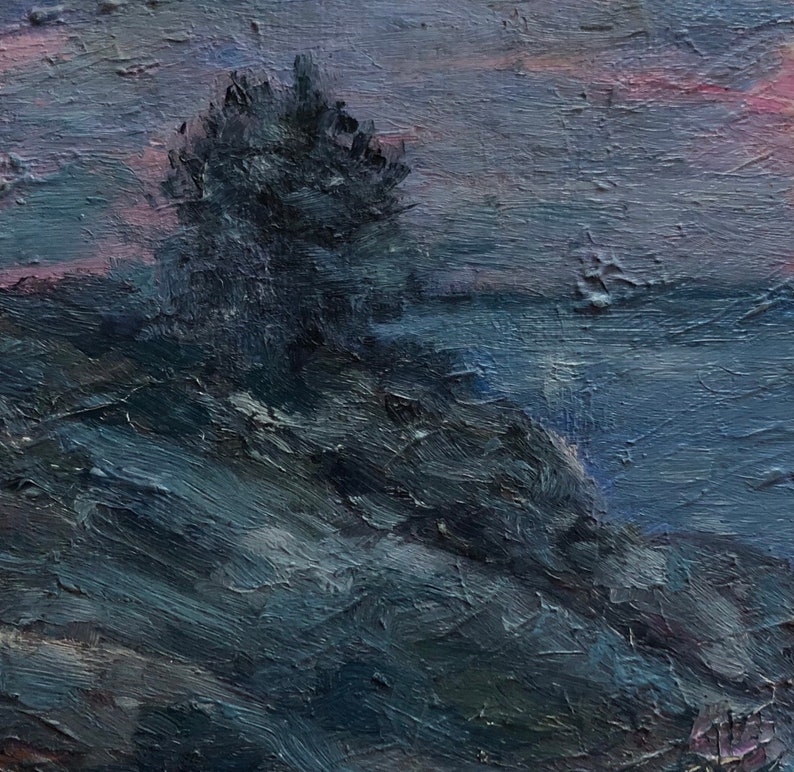 SPRING SALE free shipping original oil painting mini schoodic point Maine 5x5 gallery wrap evening tree on rocks surf blues art lovers gift