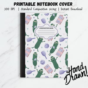 Portada imprimible para cuaderno de composición / Personajes de jugadores de pickleball / Cuaderno infantil estilo junk journal para uso comercial PNG Vuelta al cole