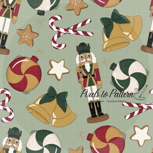 May include: A seamless pattern on a sage green background featuring illustrations of nutcrackers, gold bells with dark green bows, red and white candy canes, star-shaped cookies, and round ornaments with red, gold, and green swirl designs.