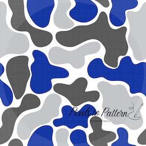 May include: A seamless digital pattern featuring irregular, rounded organic shapes in shades of royal blue, dark charcoal gray, and light silver gray against a white background. The text Pixels to Pattern Seamless Pattern is visible.