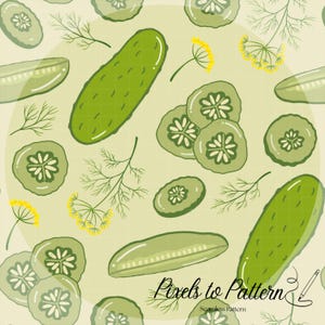 May include: Seamless pattern featuring green pickles, pickle slices, dill sprigs, and yellow dill flowers on a light green background. The design includes whole pickles, sliced pickles, and sprigs of dill, creating a fresh, food-themed pattern.