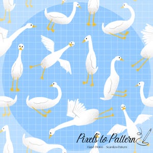 Könnte beinhalten: Nahtloses Muster mit weißen Gänsen in verschiedenen Posen vor einem hellblauen Gitterhintergrund. Die Gänse haben gelbe Schnäbel und Füße. Die Worte "Pixels to Pattern" und "Hand Drawn - Seamless Pattern" befinden sich in der unteren rechten Ecke.