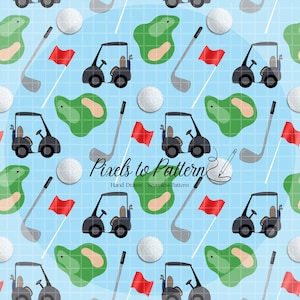 May include: A seamless pattern featuring golf-themed illustrations. The design includes golf carts, golf balls, flags, golf clubs, and green course elements on a light blue grid background. The text "Pixels to Pattern" is also present.