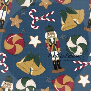 May include: A seamless pattern on a dark blue grid background featuring illustrations of nutcrackers, gold bells with green bows, red and white candy canes, star-shaped cookies, and round ornaments. The text Pixels to Pattern is visible.