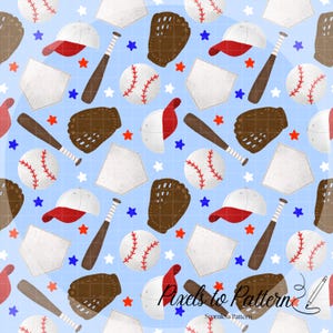 Puede incluir: Patrón repetitivo sobre un fondo azul claro con pelotas de béisbol, bates, guantes, gorras, bases y estrellas rojas, blancas y azules. Diseño de patrón sin costuras de equipamiento de béisbol.