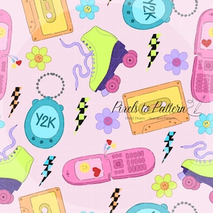 May include: A seamless pattern on a light pink background featuring illustrations of lime green roller skates, yellow cassette tapes, pink flip phones, blue digital pet keychains with Y2K text, flowers with smiley faces, and checkered lightning bolts.