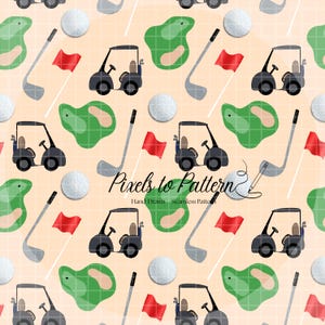 May include: Seamless pattern featuring golf carts, golf balls, golf clubs, red flags, and green golf course elements on a light orange background. The text "Pixels to Pattern" is also visible. Hand drawn design.