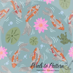 Puede incluir: Patrón sin costuras con peces koi con marcas naranjas y blancas, nadando en un estanque con nenúfares rosas, hojas de nenúfar verdes y una rana verde. El fondo es una cuadrícula azul claro. El texto "Pixels to Pattern" está en la parte inferior.
