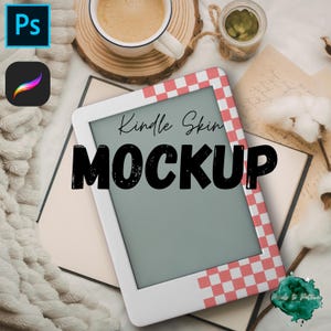 May include: A white Kindle skin mockup with a red and white checkered border. The text "Kindle Skin MOCKUP" is displayed on the screen. The image includes a cup of coffee, a small jar, and design software icons.