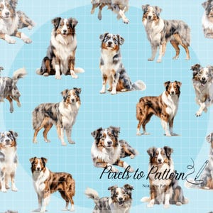 May include: A seamless pattern featuring multiple illustrations of Australian Shepherds in various poses. The dogs have brown, black, white, and grey fur. The background is a light blue grid pattern with circular accents. The text "Pixels to Pattern" is visible.