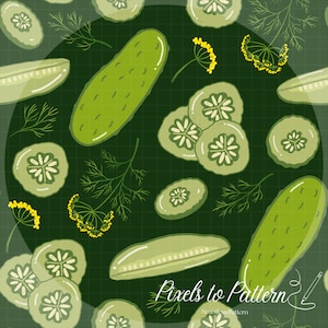 May include: Seamless pattern featuring green pickles, pickle slices, and dill sprigs on a dark green grid background. The design includes whole pickles, sliced pickles, and sprigs of dill, creating a fresh and appetizing visual.