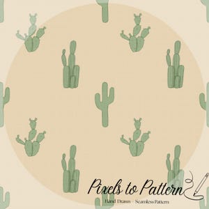 Könnte beinhalten: Nahtloses Muster mit handgezeichneten grünen Kakteen auf beigem Hintergrund. Das Design umfasst verschiedene Kaktusformen und -größen mit einem gitterartigen Muster. Der Text "Pixels to Pattern" und "Hand Drawn - Seamless Pattern" ist sichtbar.
