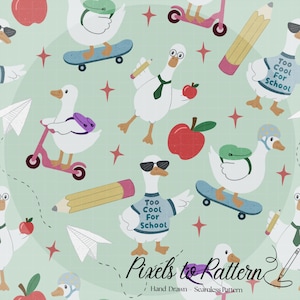 May include: A repeating pattern of cartoon geese with school-themed accessories. The geese are depicted with skateboards, scooters, pencils, and apples. Some wear sunglasses and helmets, and some have shirts that say "Too Cool For School". The background is a light green grid with red stars.