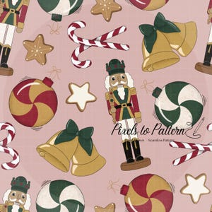 May include: A seamless pattern on a dusty pink background featuring illustrations of nutcrackers, gold bells with dark green bows, red and white candy canes, star-shaped cookies, and striped ornaments. The text Pixels to Pattern is visible.