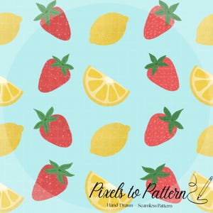 May include: A seamless pattern featuring illustrations of strawberries, lemons, and lemon slices on a light blue background. The strawberries are red with green leaves, and the lemons are yellow. The text "Pixels to Pattern" is at the bottom.