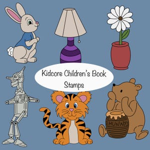 Pode incluir: Uma coleção de ilustrações de desenhos animados coloridos, incluindo um coelho, uma lâmpada, uma flor, um homem de lata, um tigre e um urso com um pote de mel. O texto "Kidcore Children's Book Stamps" está presente.