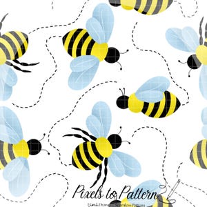 Puede incluir: Patrón sin costuras con abejas amarillas y negras con alas azul claro sobre fondo blanco. Las abejas están en varias posiciones, con líneas de puntos que indican sus trayectorias de vuelo. El texto "Pixels to Pattern" está en la parte inferior.
