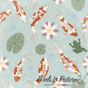 Koi Fish Seamless Pattern PNG | Water Lily Pond Digital Paper | Cottagecore Repeat | Sublimation Design | Fabric Print File | Nature Pattern