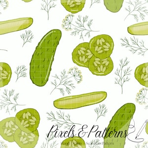 May include: A seamless pattern featuring hand-drawn illustrations of green pickles, pickle slices, and sprigs of dill on a white background. The design includes whole pickles, sliced pickles, and dill sprigs, creating a fresh, food-themed pattern.