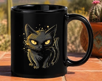 Black Cat Mug with Golden Eyes, Mystical 11 oz Ceramic Coffee Cup