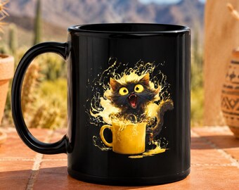 Black Cat Chaos Mug, Mischievous Feline Coffee Cup, Yellow Splash Design