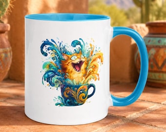 Orange Cat Splash Mug - Funny Cat Lover Gift, Vibrant Ceramic