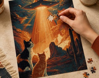 Alien Cat UFO Jigsaw Puzzle, Retro Sci-Fi Southwest Desert Art
